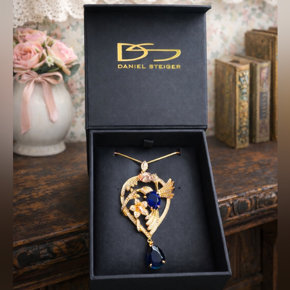 Daniel Steiger Hummingbird Sterling Gold tone and Blue Teardrop Pendant Necklace